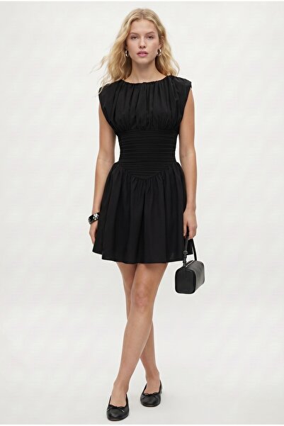 Ritnice Women's Evora Waist Corset Detail Back Elastic Woven Short Black Dress