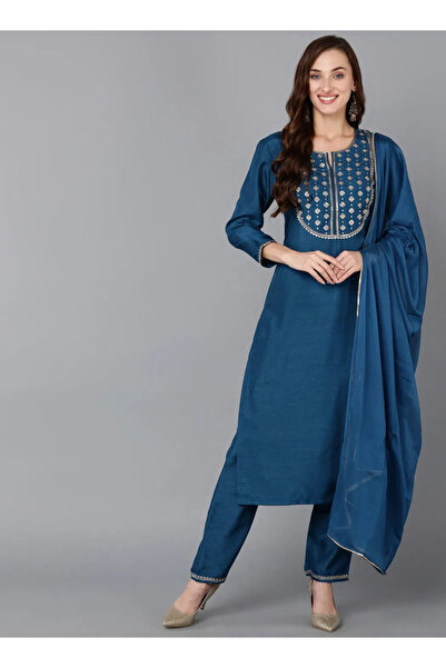 DESIQLO By Styli Blue Silk Blend Embroidered Kurta with Trouser and Dupatta Set