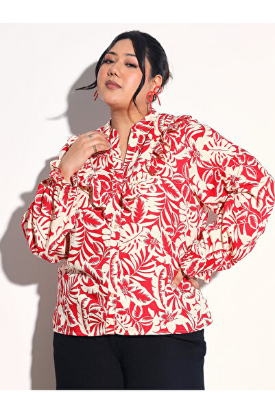 Sassafras By Styli Plus Size Red Floral Print Front Frill Shirt