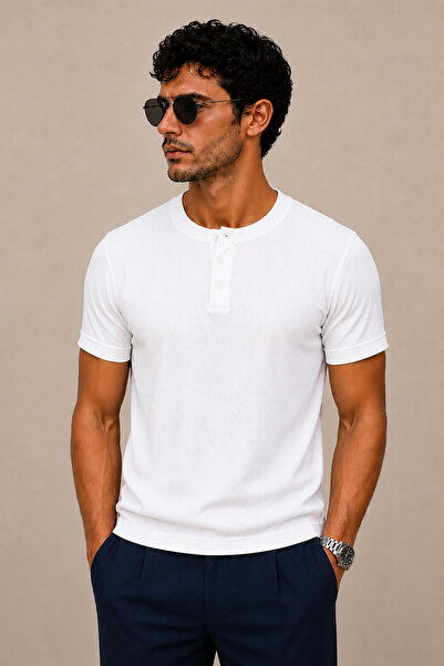 Montivo Men's White Ribbed Buttoned Collar Modern Cut Basic T-Shirt