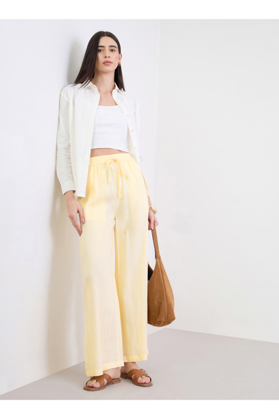 Styli Yellow Solid Wide Leg Pants With Drawstring