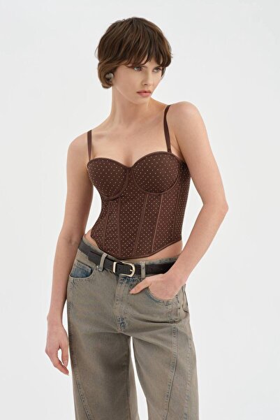 tw3 Women's Tulle Detailed Design Crop Corset with Adhesive Stones