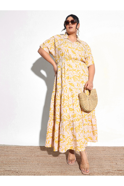 Sassafras By Styli Plus Size Yellow Floral Tiered Maxi Dress