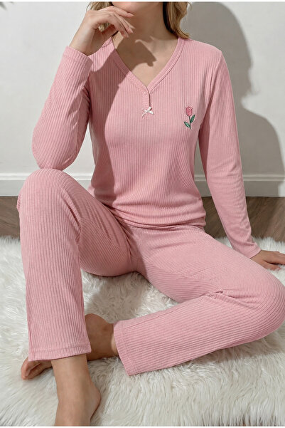 MİSSLALE V-Neck Bow Detailed Long Sleeve Women's Pajama Set