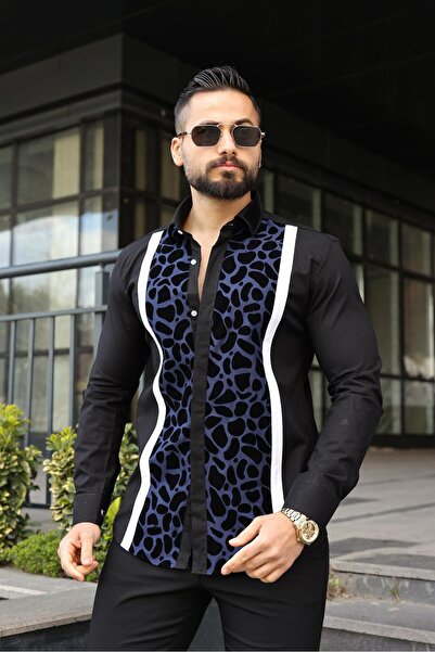 BAYIM Erkek Slim-Fit İtalyan Yaka Kadife Panel Detaylı Premium Lüks Gömlek