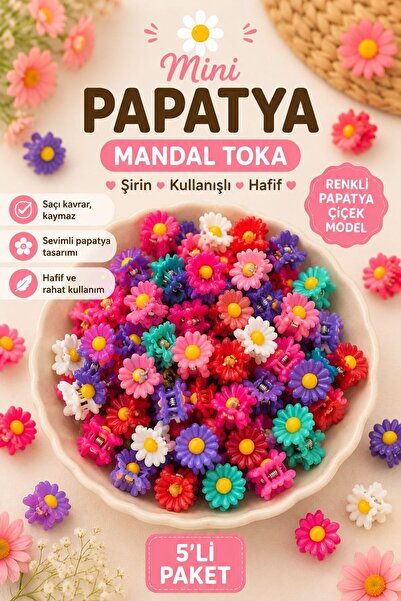 Design 4N Mini Papatya Mandal Toka Seti 5'li / Çiçek Model Çocuk ve Günlük Ku...