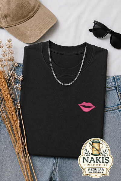 Vela Rossa Home Pink Mood Lips Embroidered Black Regular Fit Unisex T-Shirt 3...