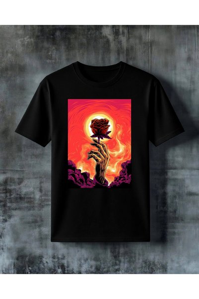 COMVİCHO Red Rose Handcrafted Printed Oversize T-Shirt