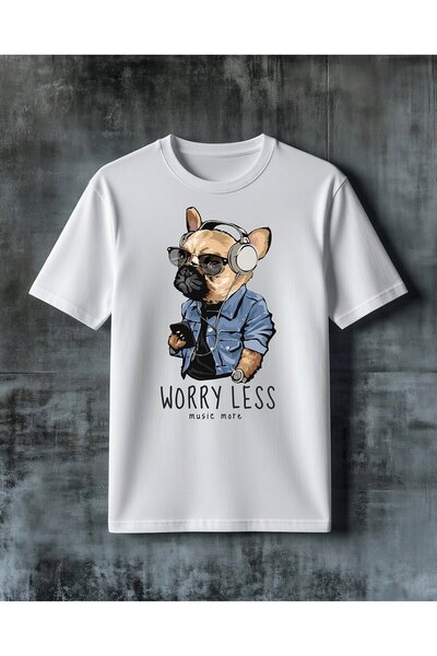 COMVİCHO تي شيرت كبير الحجم مطبوع عليه Worry Less Muzik Kopek