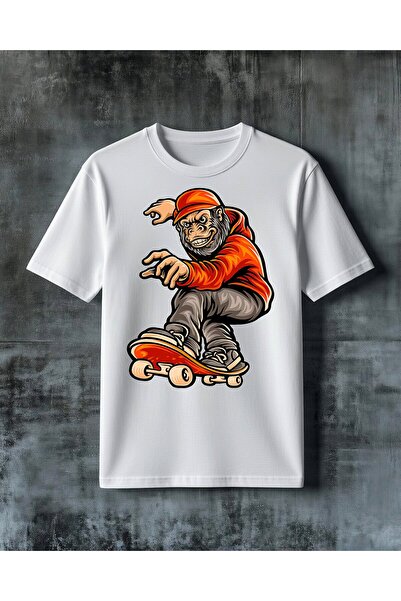 COMVİCHO Monkey Skateboard Printed Oversize T-Shirt