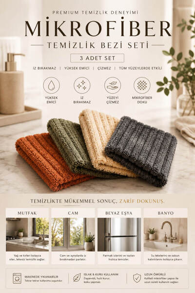 Anadolu Saray 3’lü Mikrofiber Temizlik Bezi Seti Yüksek Emici İz Bırakmaz Çok...