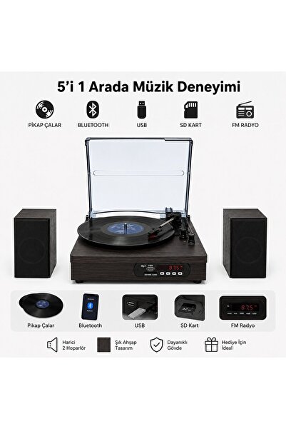 DOSOUND DS-022 Nostaljik Bluetooth Pikap Çalar USB SD Kart FM Radyo