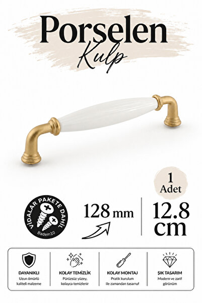 Badem10 Elissa Porselen Mat Altın Kulp 128 mm 12.8 cm Mobilya Çekmece Dolabı ...