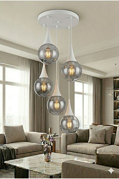 VENON Elora 5.li Sarkıt Yuvarlak ✨BEYAZ ✨ FÜME GLOP CAMLI ✨ Salon Avizesi Mod...