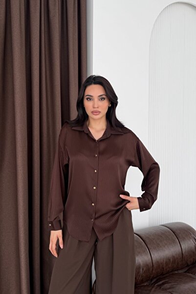 Serica Moda Brown Gold Button Detailed Pinstripe Satin Shirt