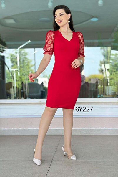 İnce Topuk V-Neck Crepe Dress with Tulle Sleeves 6Y227