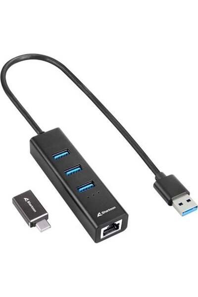 SHARKOON Hub USB 3.2 Gen 1 cu 3 porturi din aluminiu + Ethernet (negru)