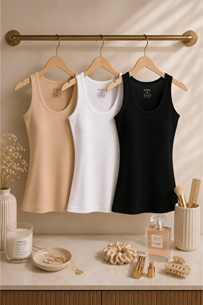 Dagi Women's Black and White Skin Color Thick Strap Cotton Undershirt 3-Pack