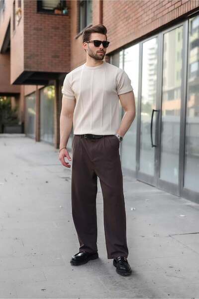 Madmext Stone Color Regular Fit Crew Neck Ribbed Knitwear Men's T-Shirt E7490