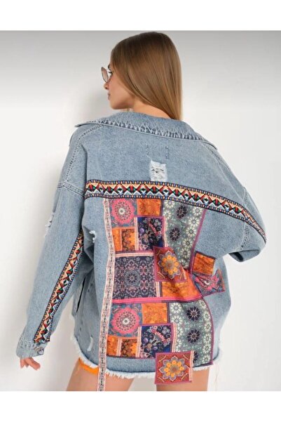 Hilals Butik Etnik Desenli Renkli Oversize Kot Denim Ceket