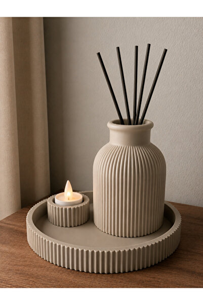 Modern Dekoratif Vazo Tealight Mumluk Seti – Minimal Ribbed Tepsi & Stick Koku Vazolu Masa Dekoru