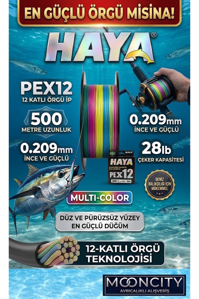 Haya PEX12 12 Katlı Örgü İp Misina 500 Metre 0.209mm 28lb Multicolor