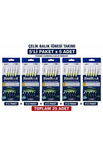 valkyrie Fosforlu Çelik Balık İğnesi Takımı 5’li Paket x 5 Adet Toplam 25 İğn...