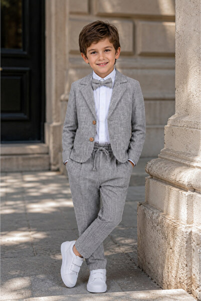 tinytrends Costum casual premium pentru băieți cu jachetă și papion, pentru nuntă/sărbătoare