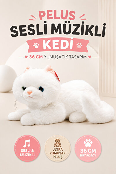 YILDIRIM OYUNCAK Sesli Müzikli Peluş Kedi 36cm – Yumuşacık Uyku Arkadaşı Sevi...