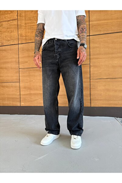 Erkek Kimyasallı Siyah Straight Baggy Fit Bol Kesim %100 Pamuk Denim Loose Jeans Kot Pantolon