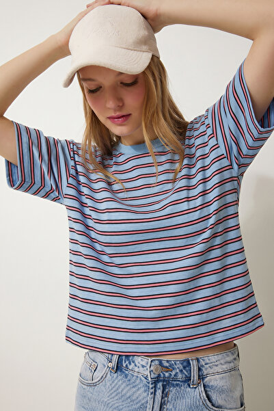 Lovelyİstanbul Tricou tricotat supradimensionat cu dungi LCR0124 ALBASTRU