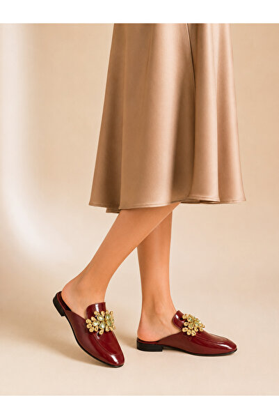Güllü Shoes Women's Burgundy Patent Leather Stone Embellished Pointed Toe Sli...