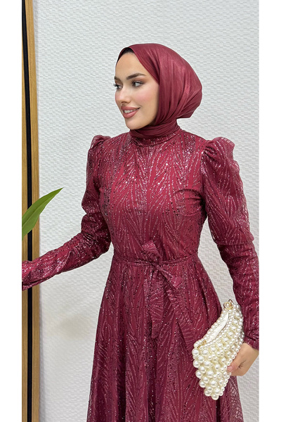 Lamia Giyim Selma Simli Abiye Bordo