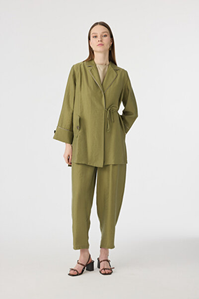 Zühre Lace-Up Draped Elegant Khaki Suit 1876