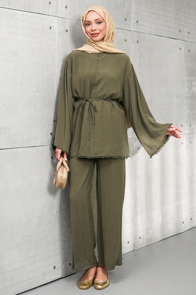 İmajButik Khaki Waist Tie Tunic Trousers Suit
