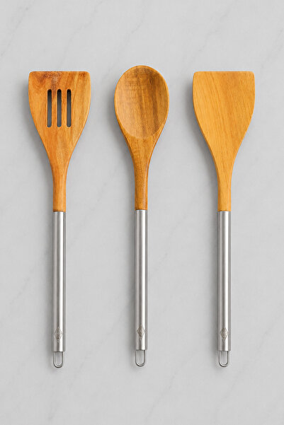 Destpak 3 Pcs Stainless Steel Handle Acacia Set - Wooden Serving Set - Both D...