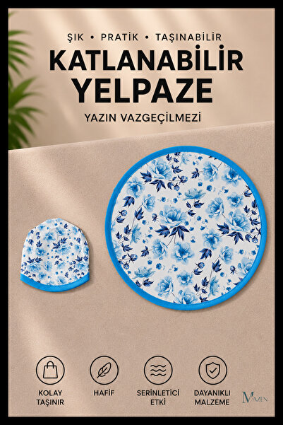 MAZEN Mavi Çiçek Desenli Katlanabilir Yuvarlak Yazlık Taşınabilir El Yelpazesi