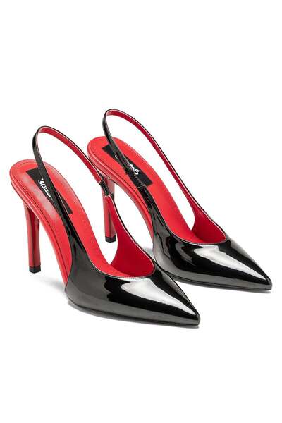 Dedos Women's High Heeled Open Back Pointed Toe Elastic Patent Leather Evenin...