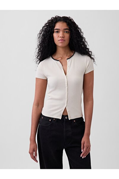 GAP Kadın Kırık Beyaz Modern Fitilli Düğmelİ Bisiklet Yaka T-Shirt