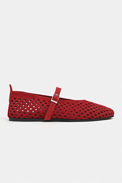 NİŞANTAŞI SHOES Balerini de damă Belinda din piele de căprioară roșie, cu det...