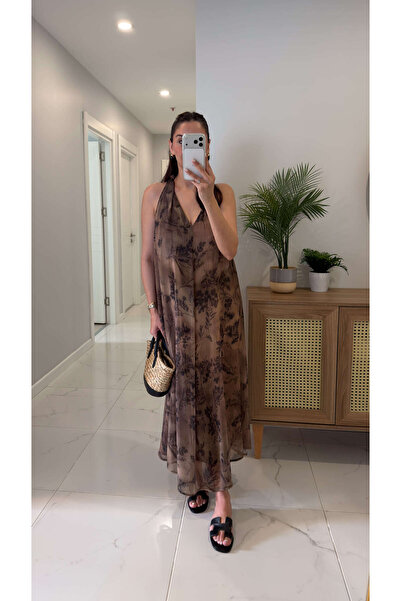 BİRCANÇİL Rilos Khaki Shoulder Knotted Patterned Lined Dress