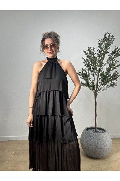 Düşes Butik İTHAL BOYUNDAN BAĞLAMALI KAT KAT İPEK ABİYE ELBİSE 6153-SIYAH - STD