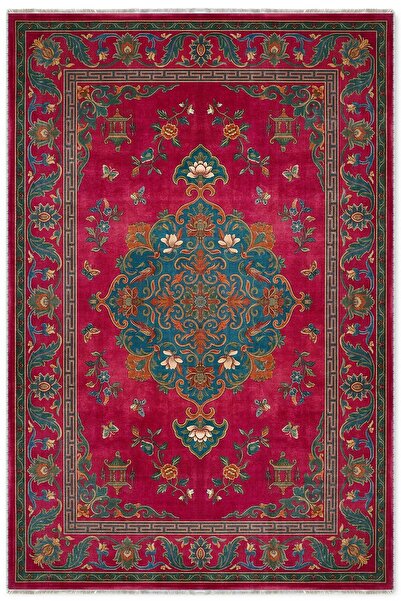 Pastel Home Fuşya Kırmızı Retro Vintage Şönil Halı Kilim Yolluk KAymaz Yıkana...