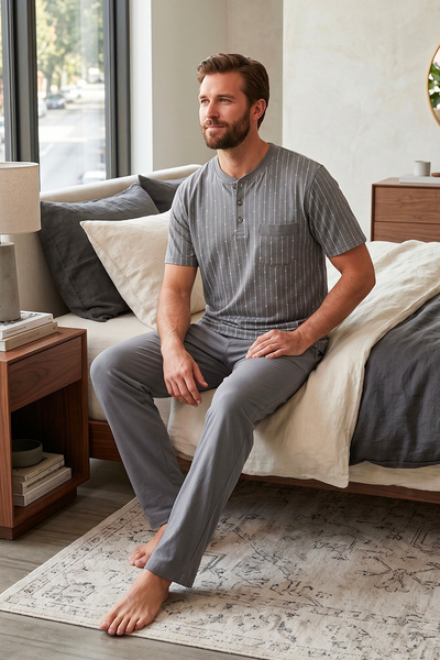 Bravie Men's Buttoned Collar Patterned Short Sleeve Pocketed Slim Pajama Set ...