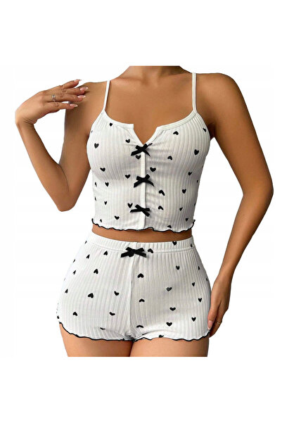 SNM 2-Piece Lingerie Set, SNM, Sexy Heart Print, Ribbed Elastic with Bows & R...
