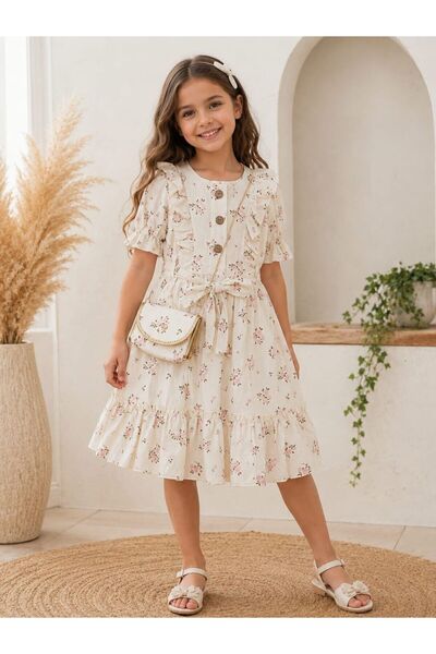 Kids KIZ ÇOCUK ÇİÇEK DESENLİ ELBİSE VE ÇANTA KOMBİNİ-6YAŞ