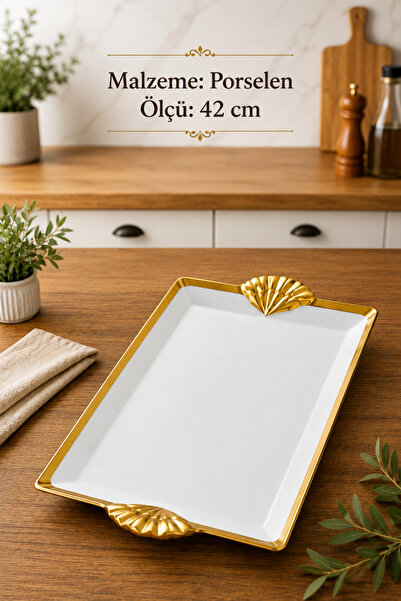 RUBİ PORSELEN Arven Rectangular Porcelain Presentation Tray - 42 cm