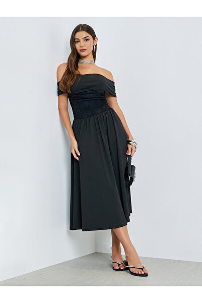 Styli Black Lace Insert Off Shoulder A-Line Midi Dress