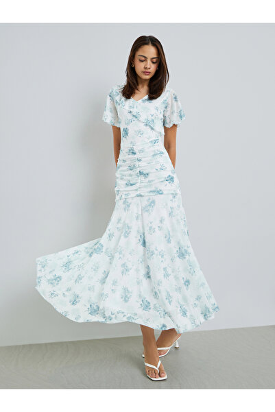 Styli White Floral Mesh Gathered Maxi Dress