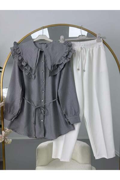 modasindoma Ruffle Collar Lace-Up Tunic Pants Set Gray